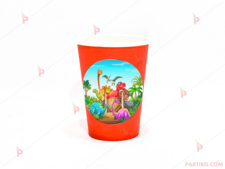 Чашки едноцветни в червено с декор Динозаври