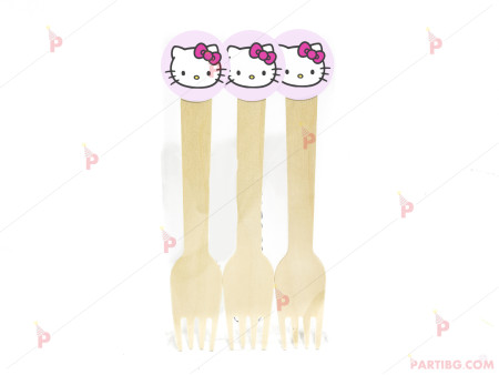 Вилички дървени, к-т 6бр с декор Кити / Hello Kitty