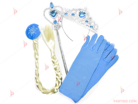 Комплект Елза - ръкавици, корона, пръчка и плитка