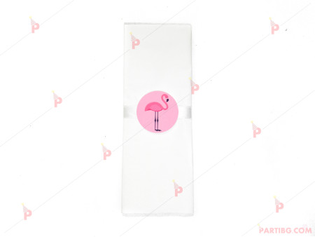 Салфетка едноцветна в бяло и тематичен декор Фламинго