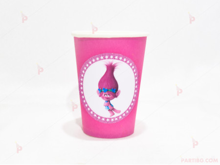 Чашки едноцветни в розово с декор Тролчето-Попи