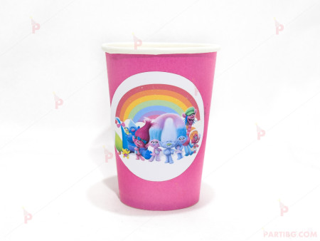 Чашки едноцветни в розово с декор Тролчета