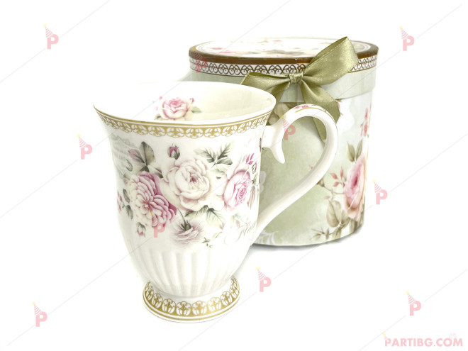Чаша за чай в подаръчна кутия - бяла с цветя 3 | PARTIBG.COM