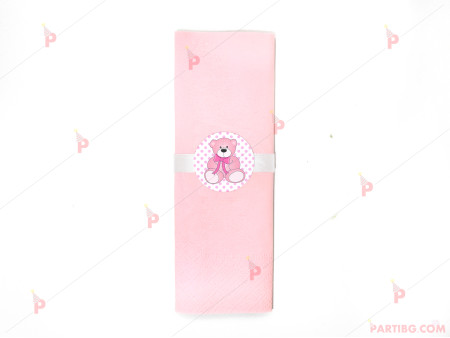 Салфетка едноцветна в розово и тематичен декор розово мече