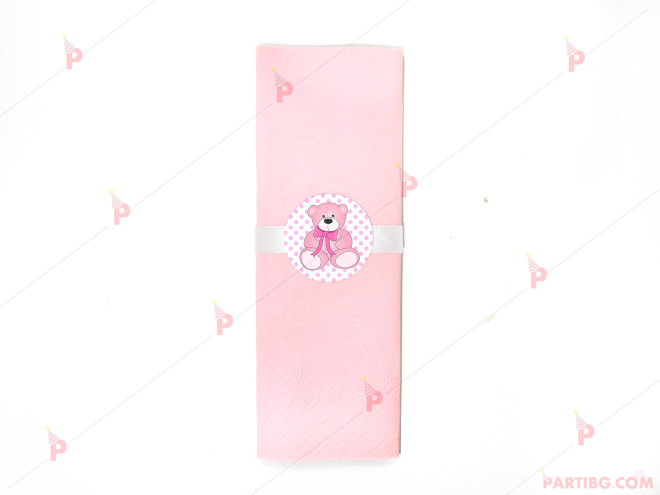 Салфетка едноцветна в розово и тематичен декор розово мече | PARTIBG.COM