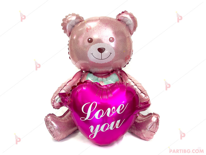 Фолиев балон мече със сърце и надпис "I LOVE YOU" | PARTIBG.COM