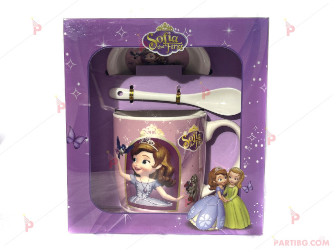 Детска чаша с лъжичка - декор Принцеса София в кутия | PARTIBG.COM