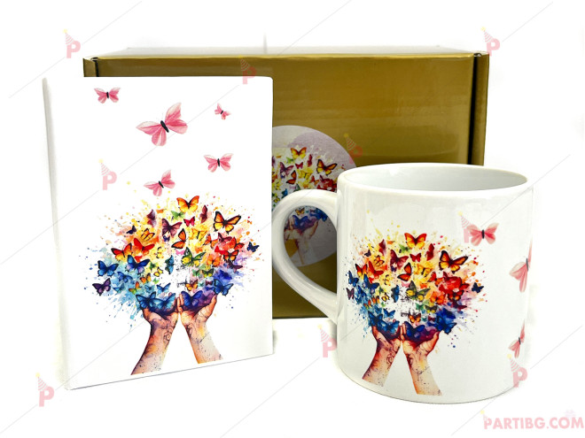 Подаръчен комплект - Кутия с мини тефтерче и керамична чаша с цветна декорация | PARTIBG.COM