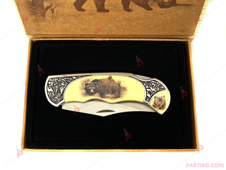 Джобен нож с декор мечка, в кутия