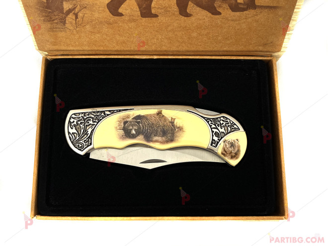 Джобен нож с декор мечка, в кутия | PARTIBG.COM