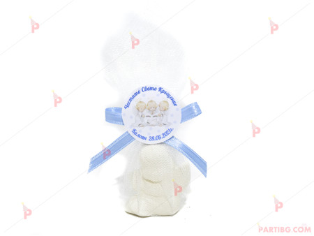 Подарък за гост - бяло керамично ангелче в синьо с надпис