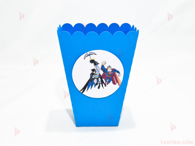 Кофичка за пуканки/чипс с декор Батман и Супермен в синьо | PARTIBG.COM