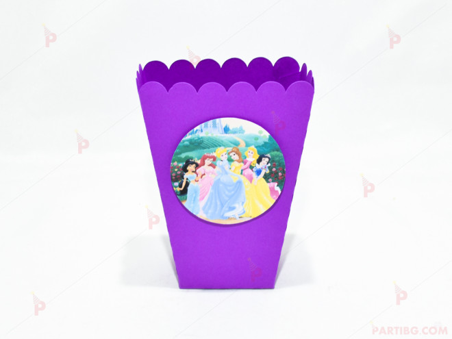 Кофичка за пуканки/чипс с декор Принцеси в лилаво | PARTIBG.COM