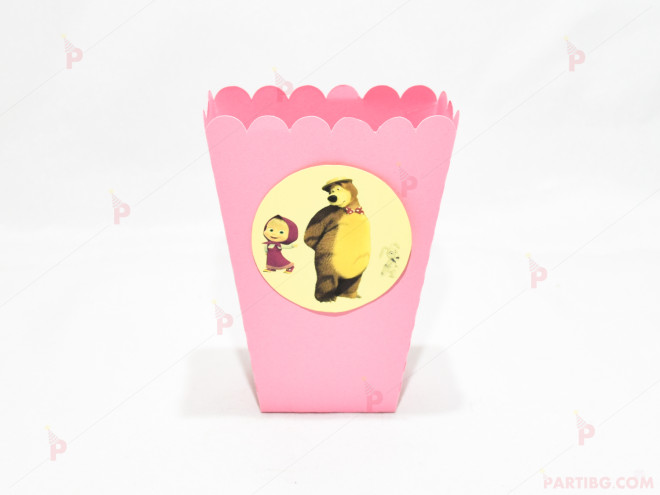 Кофичка за пуканки/чипс с декор Маша и мечока в розово | PARTIBG.COM