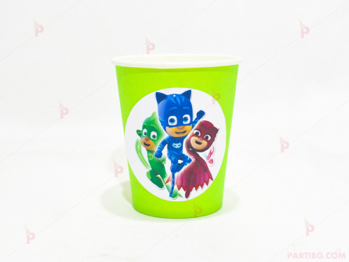 Чашки едноцветни в зелено с декор Пи джей маск/ PJ MASKS