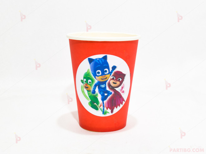 Чашки едноцветни в червено с декор Пи джей маск/ PJ MASKS | PARTIBG.COM