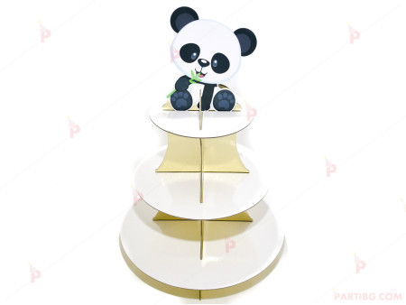 Стойка/поставка за кексчета и сладки в златно с декор Панда