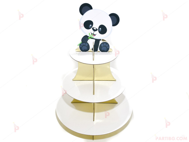 Стойка/поставка за кексчета и сладки в златно с декор Панда | PARTIBG.COM