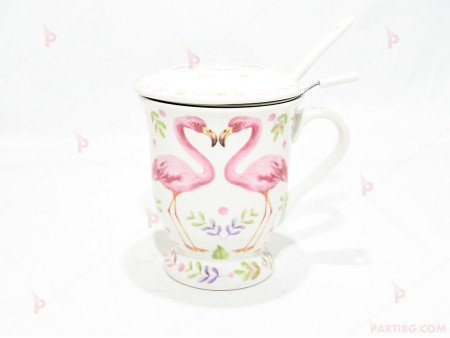 Чаша за чай с цедка бяла с фламинго 2