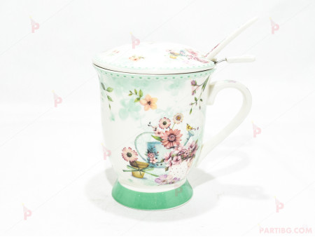 Чаша за чай с цедка бяла с цветя 3