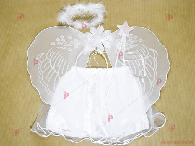 Комплект Ангелче в бяло-диадема, крила, пръчка и пола | PARTIBG.COM