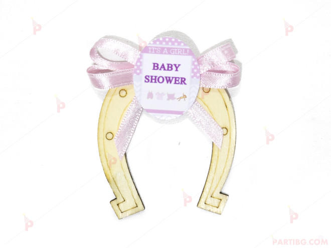 Подарък за гост магнит дървена подкова с розова панделка за бебешко парти | PARTIBG.COM