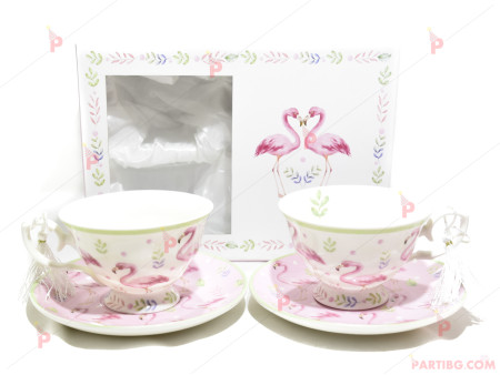 Чаши за чай 2бр в кутия - бели с фламинго