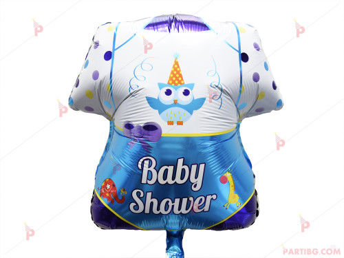 Фолиев балон бебешко боди с надпис Baby shower в синьо