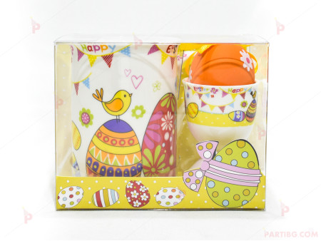 Чаша с пиленце и надпис "Happy Easter" + поставка за яйце- великденски декор 