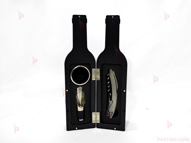 Комплект в черна бутилка-тирбушон и тапа за бутилка вино | PARTIBG.COM