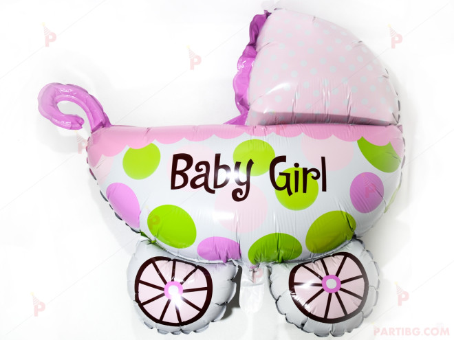Фолиев балон във формата на бебешка количка в розово с надпис "Baby Girl" | PARTIBG.COM