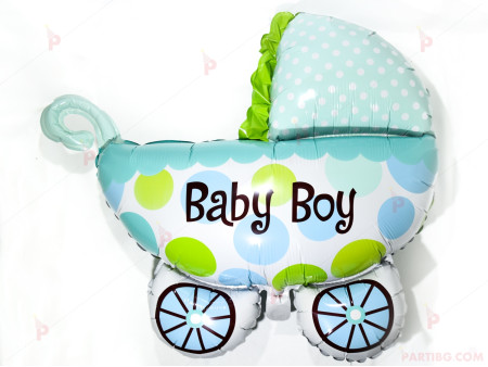 Фолиев балон във формата на бебешка количка в синьо с надпис "Baby Boy"