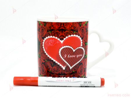 Чаша с декор сърца и рози+маркер за надписване