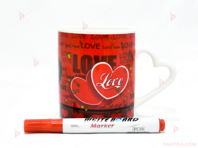 Чаша с декор сърца и рози+маркер за надписване 2 | PARTIBG.COM