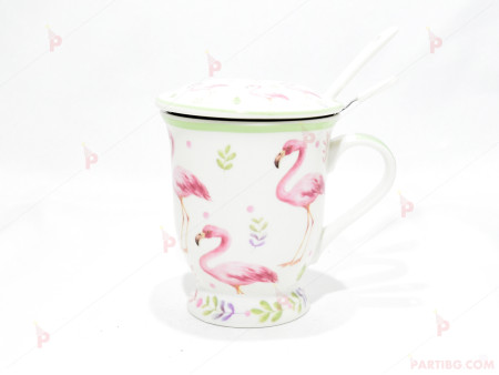 Чаша за чай с цедка бяла с фламинго