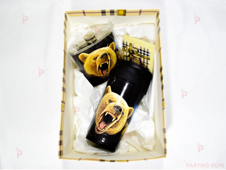 Подаръчен комплект термо чаша и джобна бутилка с мечка