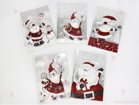 Коледна картичка - чернобяла с червен брокат, различни модели