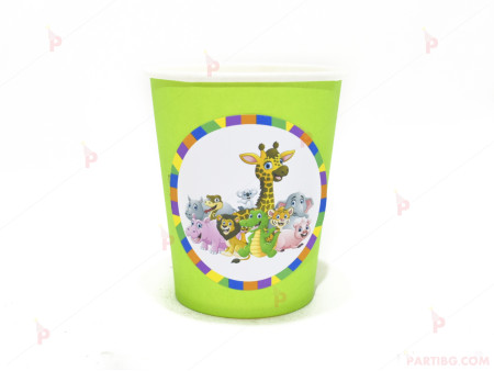 Чашки едноцветни в зелено с декор Диви животни/Джунгла