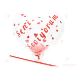 Прозрачен балон сърце с червени пера и надпис "Seni Seviyorum" | PARTIBG.COM