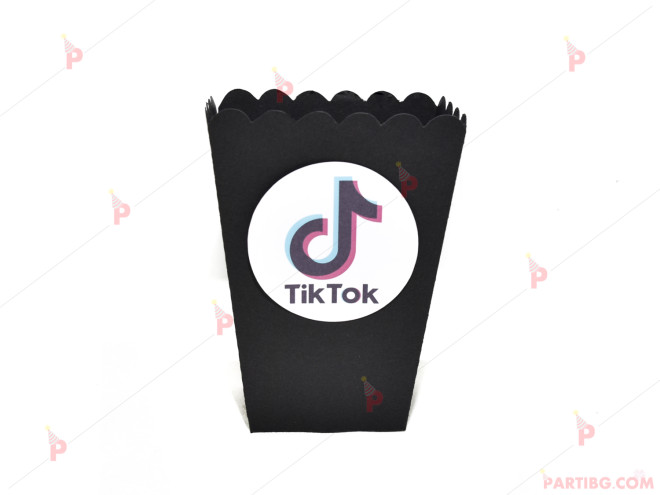 Кофичка за пуканки/чипс с декор ТикТок / TikTok в черно | PARTIBG.COM