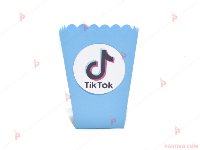Кофичка за пуканки/чипс с декор ТикТок / TikTok в синьо | PARTIBG.COM