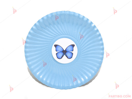 Чинийки едноцветни в синьо с декор Синя пеперуда