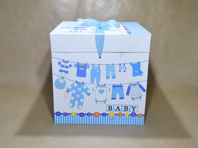 Подаръчна кутия в бяло със син декор Baby - 30см | PARTIBG.COM