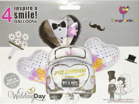 Фолиеви балони комплект от 4 бр.- младоженци "Wedding day"