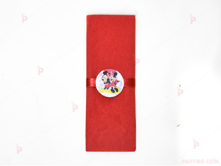 Салфетка едноцветна в червено и тематичен декор Мини и Мики Маус