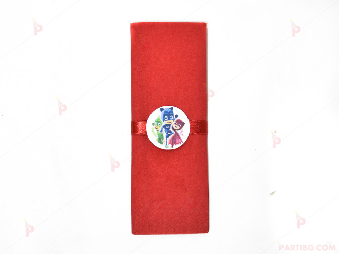 Салфетка едноцветна в червено и тематичен декор Пи джей маск/ PJ MASKS | PARTIBG.COM
