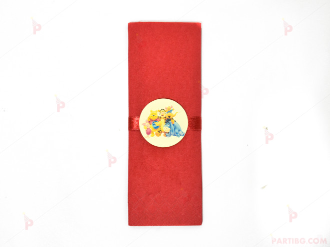 Салфетка едноцветна в червено и тематичен декор Мечо Пух / Winnie-the-Pooh | PARTIBG.COM