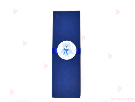Салфетка едноцветна в тъмно синьо и тематичен декор синьо мече