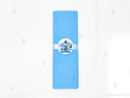 Салфетка едноцветна в синьо и тематичен декор Смърфовете / The smurfs