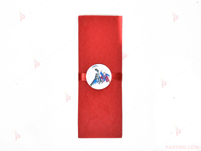 Салфетка едноцветна в червено и тематичен декор Батман и Супермен | PARTIBG.COM